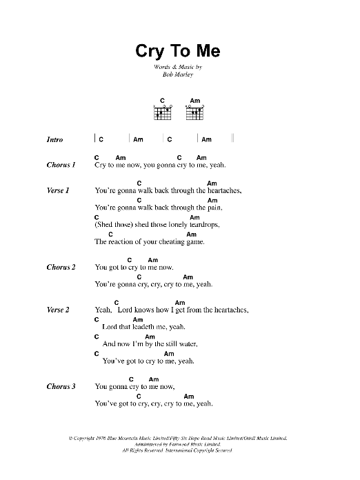 Bob Marley Cry To Me Sheet Music Notes & Chords for Lyrics & Chords - Download or Print PDF