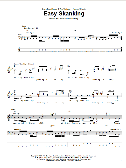 Bob Marley Easy Skanking Sheet Music Notes & Chords for Bass Guitar Tab - Download or Print PDF