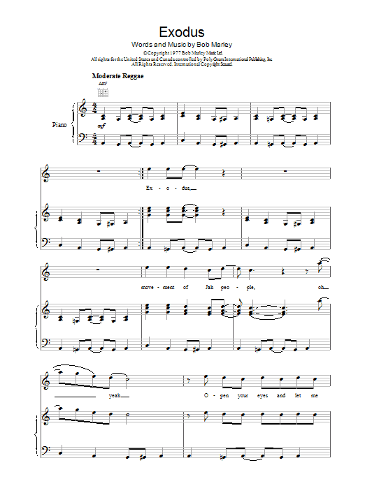 Bob Marley Exodus Sheet Music Notes & Chords for Piano, Vocal & Guitar (Right-Hand Melody) - Download or Print PDF