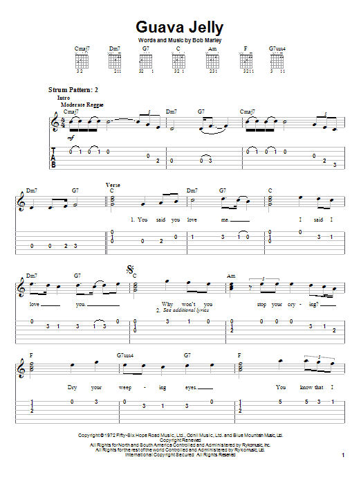 Bob Marley Guava Jelly Sheet Music Notes & Chords for Easy Guitar Tab - Download or Print PDF