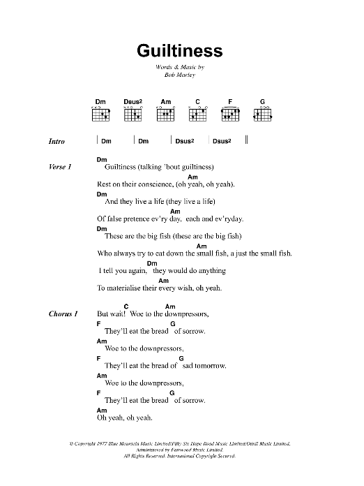 Bob Marley Guiltiness Sheet Music Notes & Chords for Lyrics & Chords - Download or Print PDF