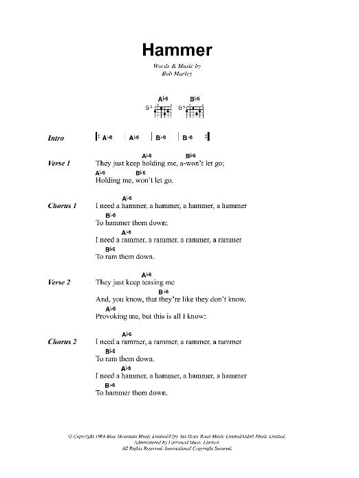 Bob Marley Hammer Sheet Music Notes & Chords for Lyrics & Chords - Download or Print PDF