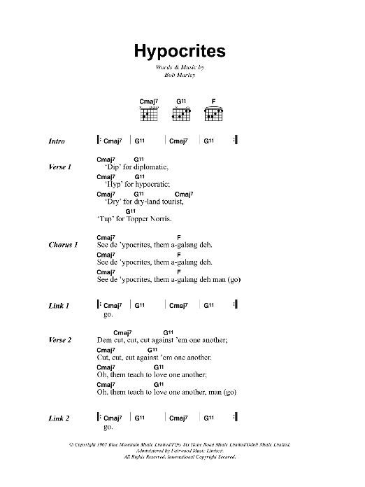 Bob Marley Hypocrites Sheet Music Notes & Chords for Lyrics & Chords - Download or Print PDF