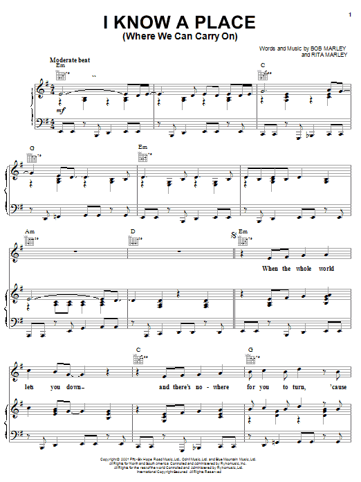 Bob Marley I Know A Place (Where We Can Carry On) Sheet Music Notes & Chords for Piano, Vocal & Guitar (Right-Hand Melody) - Download or Print PDF