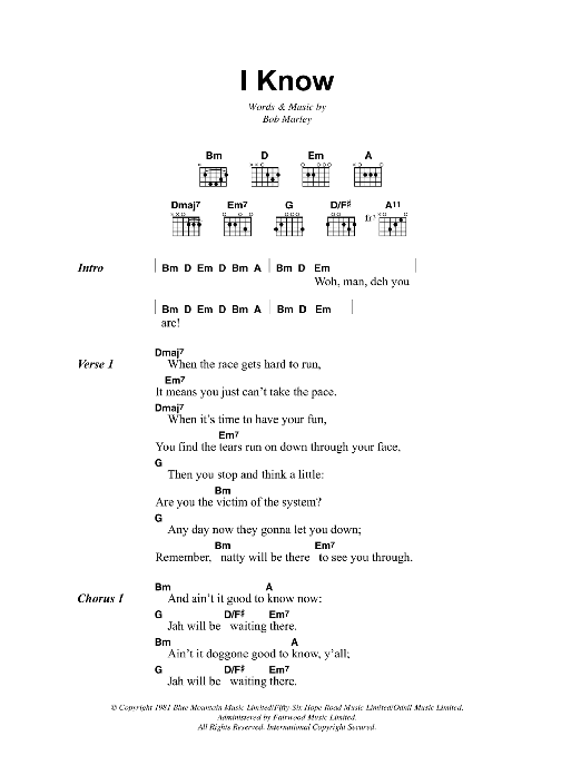 Bob Marley I Know Sheet Music Notes & Chords for Lyrics & Chords - Download or Print PDF