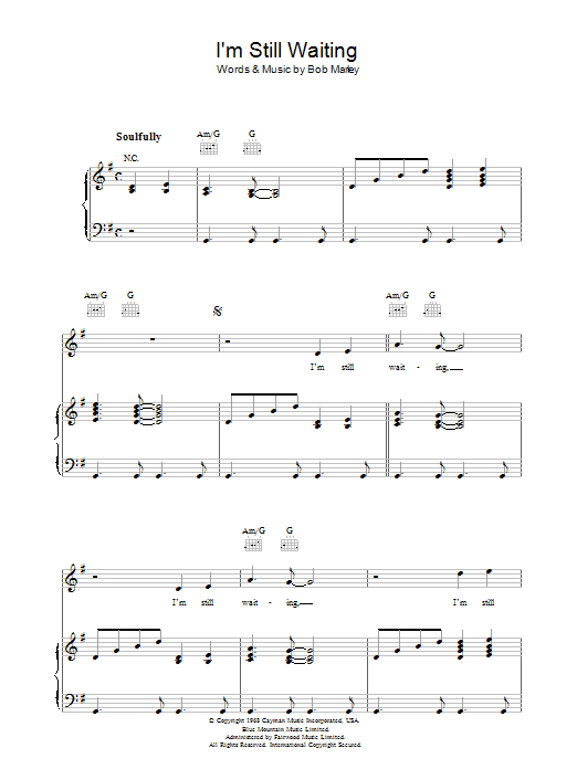 Bob Marley I'm Still Waiting Sheet Music Notes & Chords for Piano, Vocal & Guitar (Right-Hand Melody) - Download or Print PDF