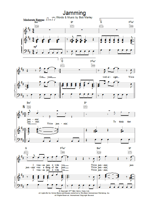 Bob Marley Jamming Sheet Music Notes & Chords for Piano, Vocal & Guitar (Right-Hand Melody) - Download or Print PDF