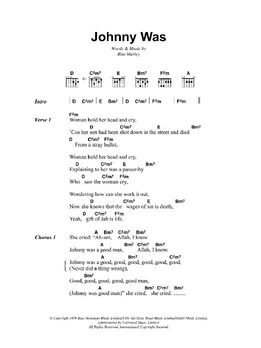 Bob Marley Johnny Was Sheet Music Notes & Chords for Lyrics & Chords - Download or Print PDF