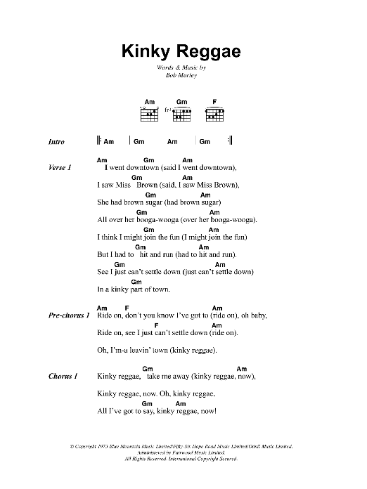 Bob Marley Kinky Reggae Sheet Music Notes & Chords for Lyrics & Chords - Download or Print PDF