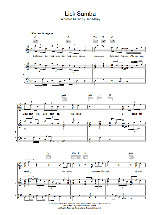 Bob Marley Lick Samba Sheet Music Notes & Chords for Piano, Vocal & Guitar (Right-Hand Melody) - Download or Print PDF