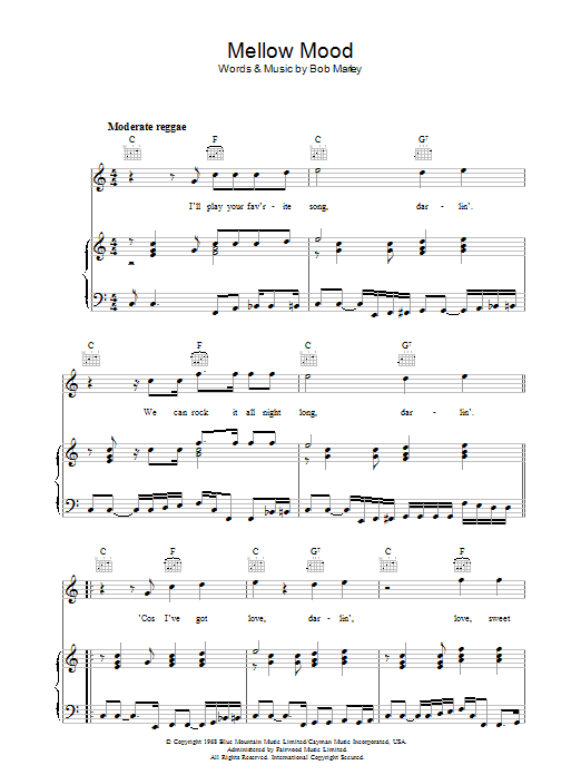 Bob Marley Mellow Mood Sheet Music Notes & Chords for Piano, Vocal & Guitar (Right-Hand Melody) - Download or Print PDF