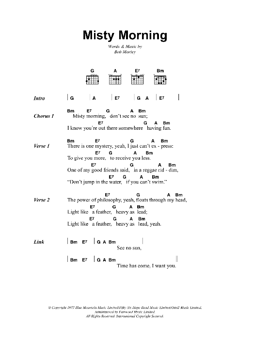 Bob Marley Misty Morning Sheet Music Notes & Chords for Lyrics & Chords - Download or Print PDF