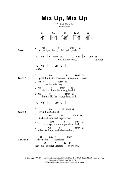 Bob Marley Mix Up, Mix Up Sheet Music Notes & Chords for Lyrics & Chords - Download or Print PDF