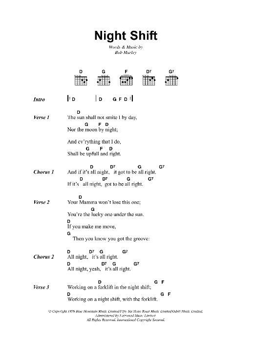 Bob Marley Night Shift Sheet Music Notes & Chords for Lyrics & Chords - Download or Print PDF