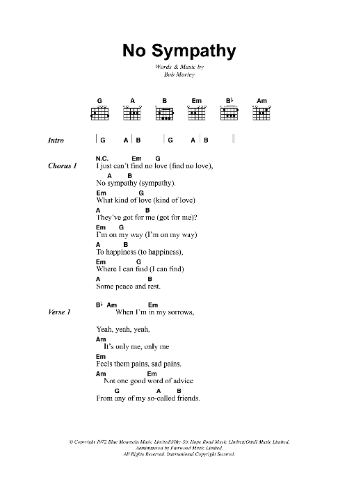 Bob Marley No Sympathy Sheet Music Notes & Chords for Lyrics & Chords - Download or Print PDF