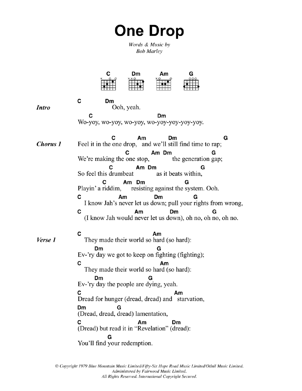 Bob Marley One Drop Sheet Music Notes & Chords for Lyrics & Chords - Download or Print PDF