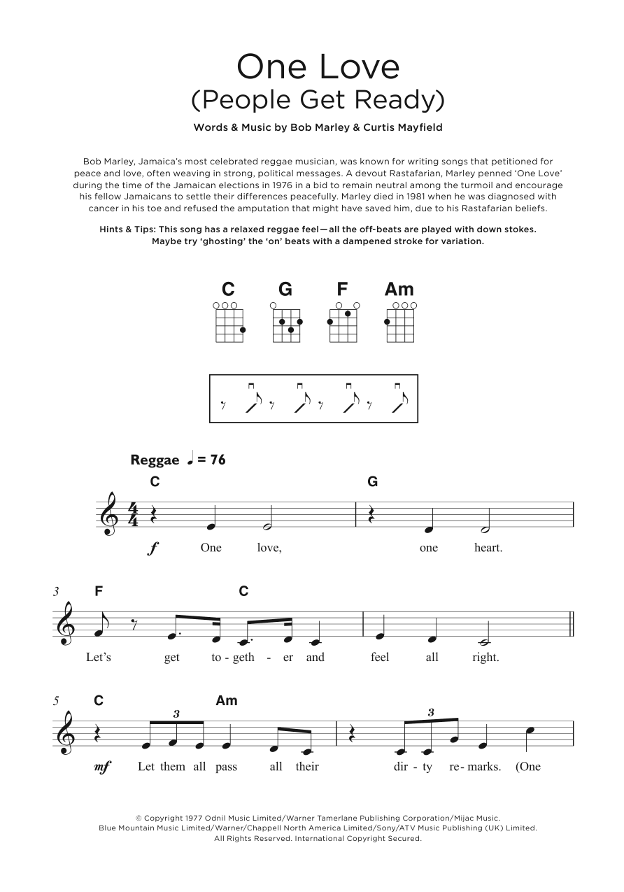 Bob Marley One Love (People Get Ready) Sheet Music Notes & Chords for Beginner Ukulele - Download or Print PDF