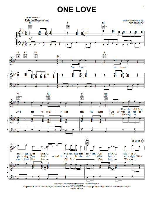 Bob Marley One Love Sheet Music Notes & Chords for Lyrics & Piano Chords - Download or Print PDF