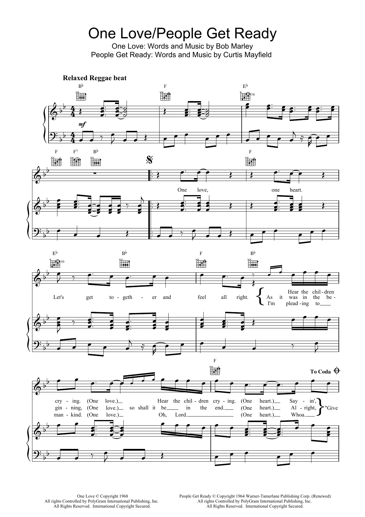 Bob Marley One Love/People Get Ready Sheet Music Notes & Chords for Piano, Vocal & Guitar (Right-Hand Melody) - Download or Print PDF