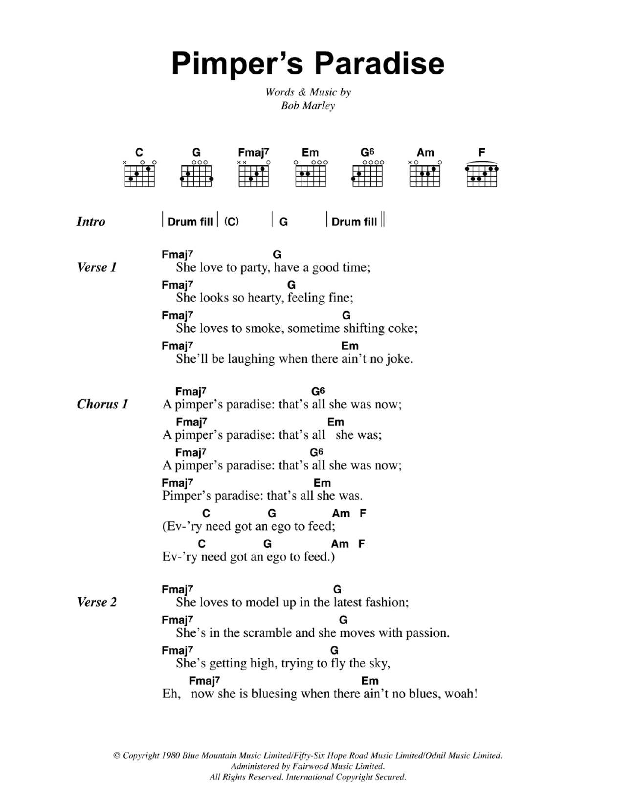 Bob Marley Pimper's Paradise Sheet Music Notes & Chords for Lyrics & Chords - Download or Print PDF