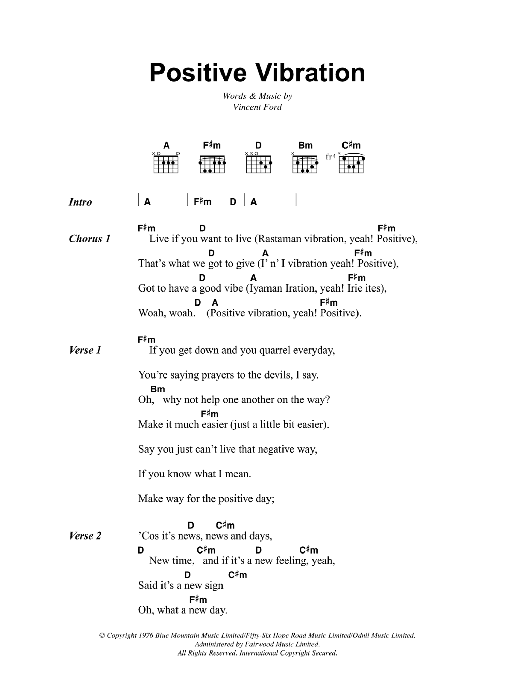 Bob Marley Positive Vibration Sheet Music Notes & Chords for Lyrics & Chords - Download or Print PDF