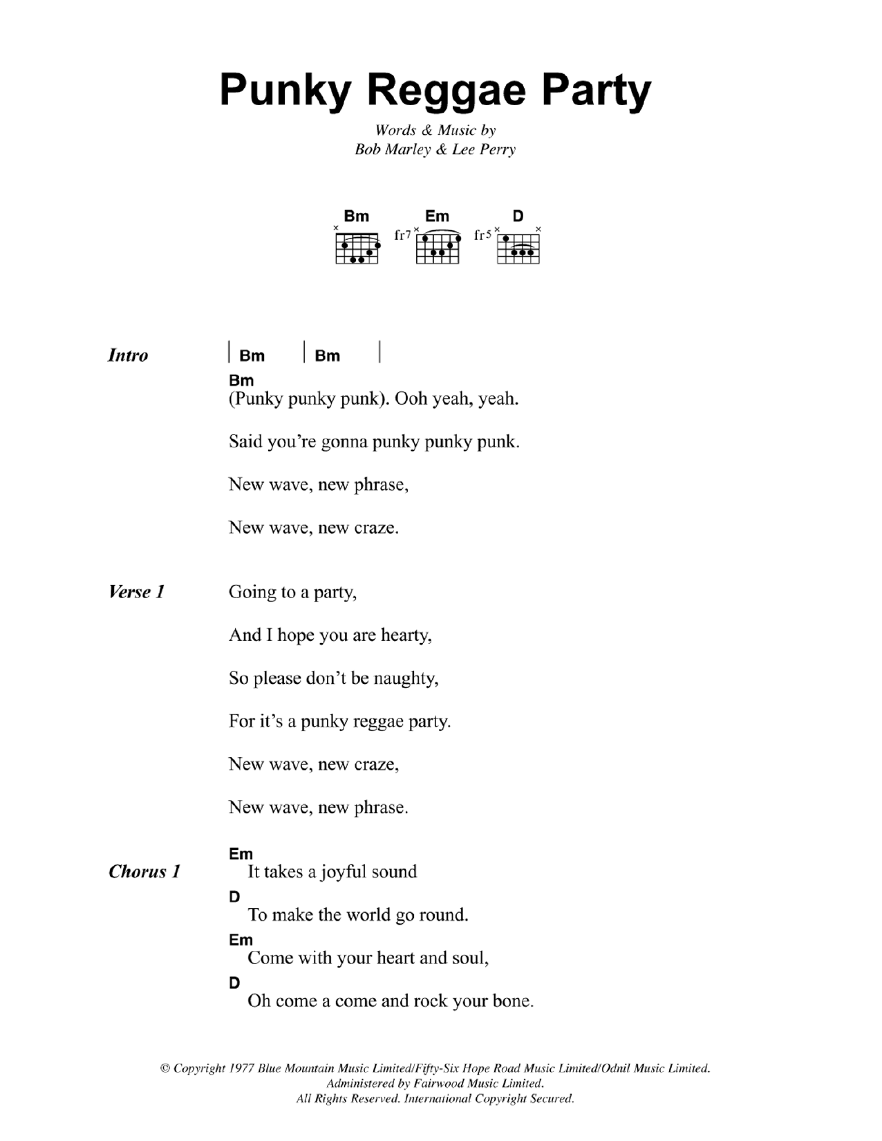 Bob Marley Punky Reggae Party Sheet Music Notes & Chords for Lyrics & Chords - Download or Print PDF