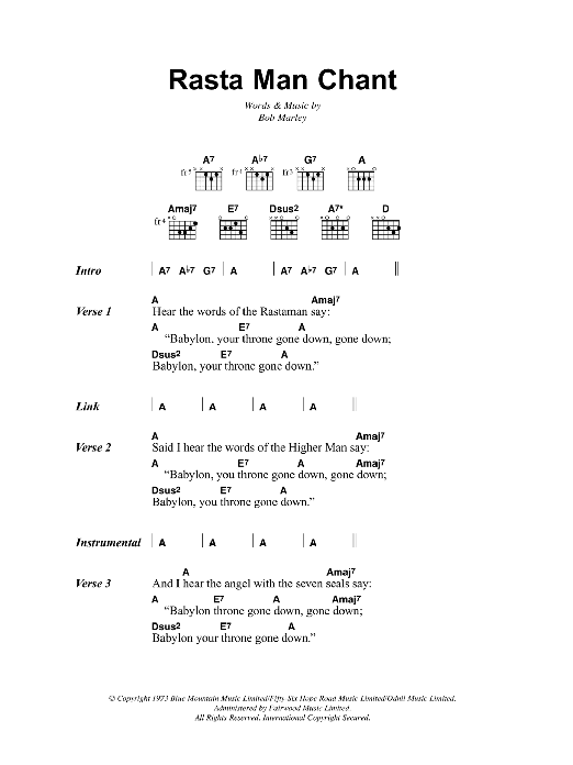 Bob Marley Rasta Man Chant Sheet Music Notes & Chords for Lyrics & Chords - Download or Print PDF