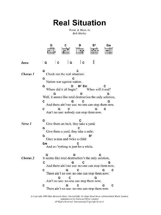 Bob Marley Real Situation Sheet Music Notes & Chords for Lyrics & Chords - Download or Print PDF