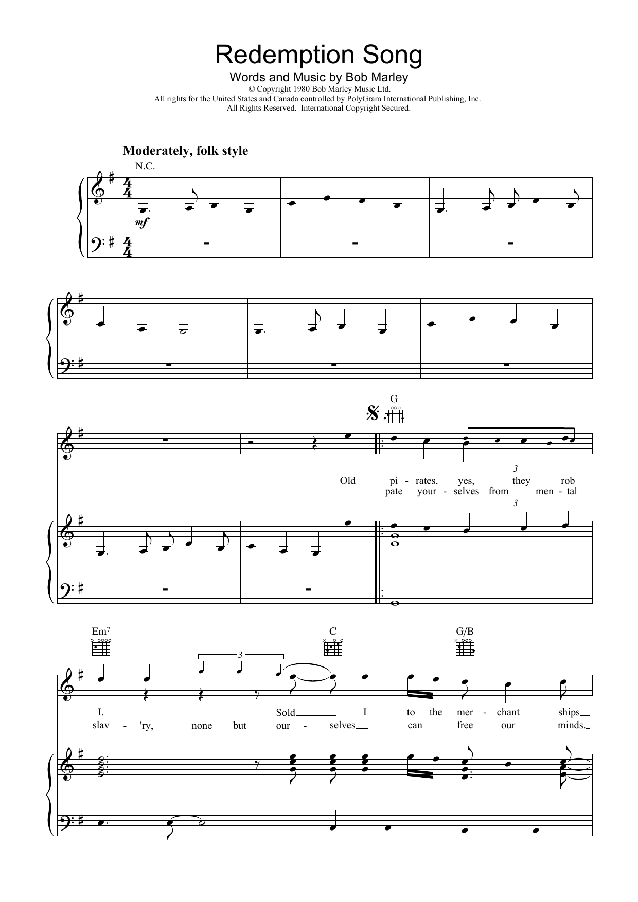 Bob Marley Redemption Song sheet music notes and chords. Download Printable PDF.