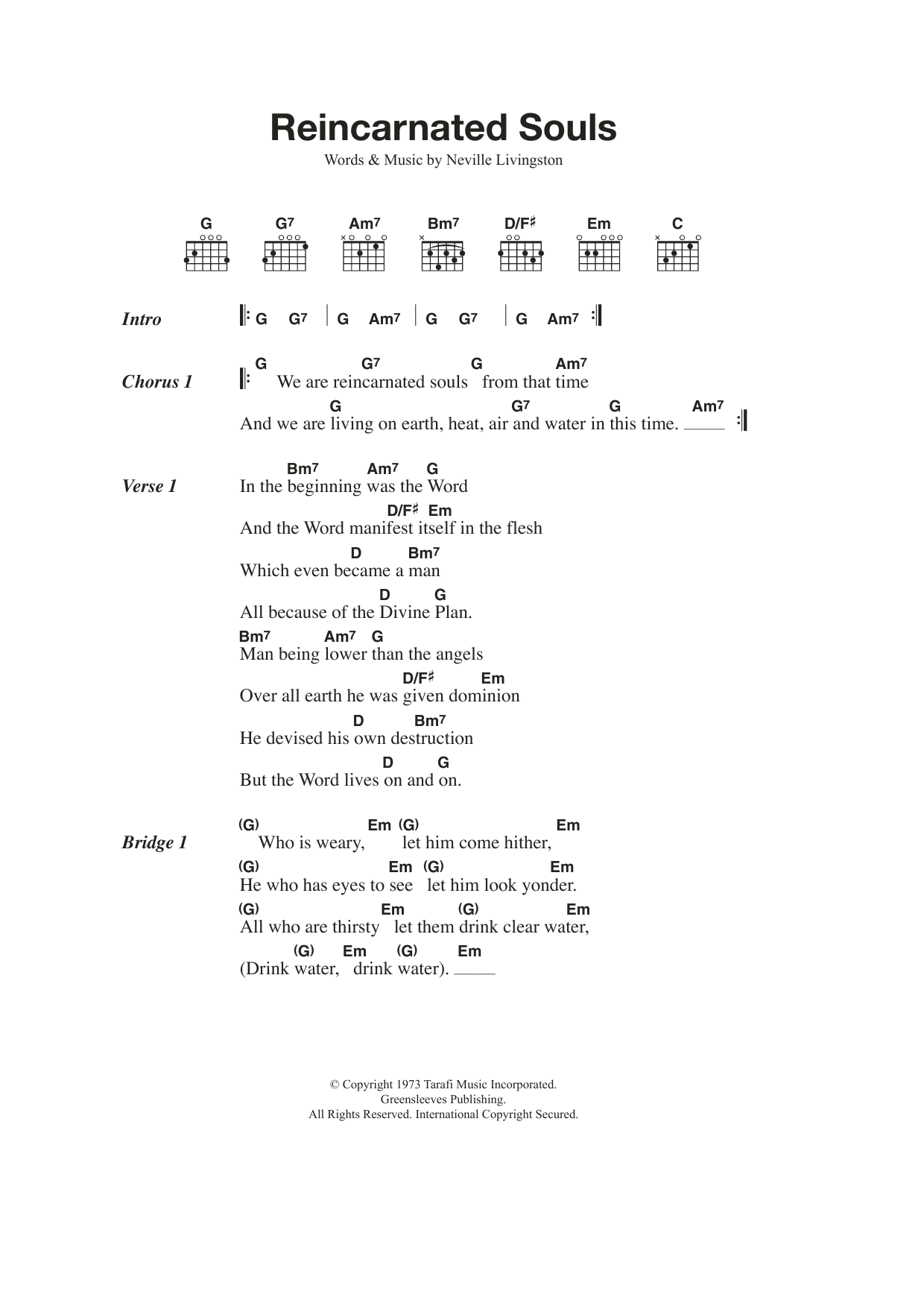 Bob Marley Reincarnated Souls Sheet Music Notes & Chords for Lyrics & Chords - Download or Print PDF