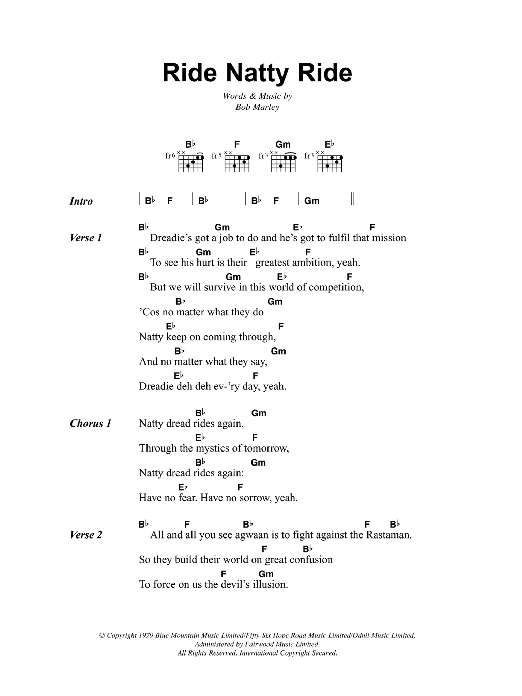 Bob Marley Ride Natty Ride Sheet Music Notes & Chords for Lyrics & Chords - Download or Print PDF