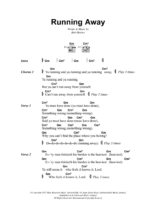 Bob Marley Running Away Sheet Music Notes & Chords for Lyrics & Chords - Download or Print PDF