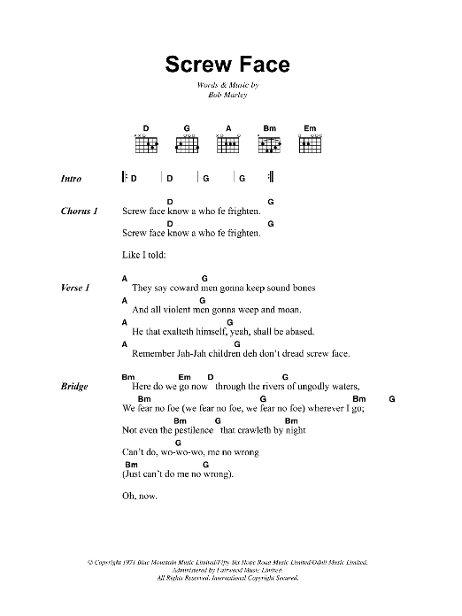 Bob Marley Screw Face Sheet Music Notes & Chords for Lyrics & Chords - Download or Print PDF