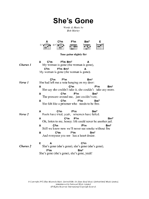 Bob Marley She's Gone Sheet Music Notes & Chords for Lyrics & Chords - Download or Print PDF