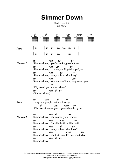 Bob Marley Simmer Down Sheet Music Notes & Chords for Lyrics & Chords - Download or Print PDF