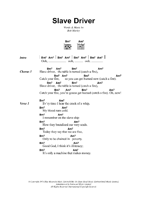 Bob Marley Slave Driver Sheet Music Notes & Chords for Lyrics & Chords - Download or Print PDF