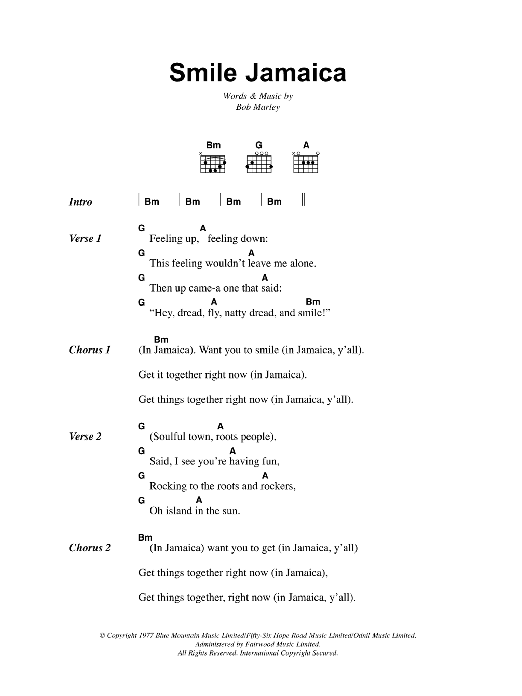 Bob Marley Smile Jamaica Sheet Music Notes & Chords for Lyrics & Chords - Download or Print PDF