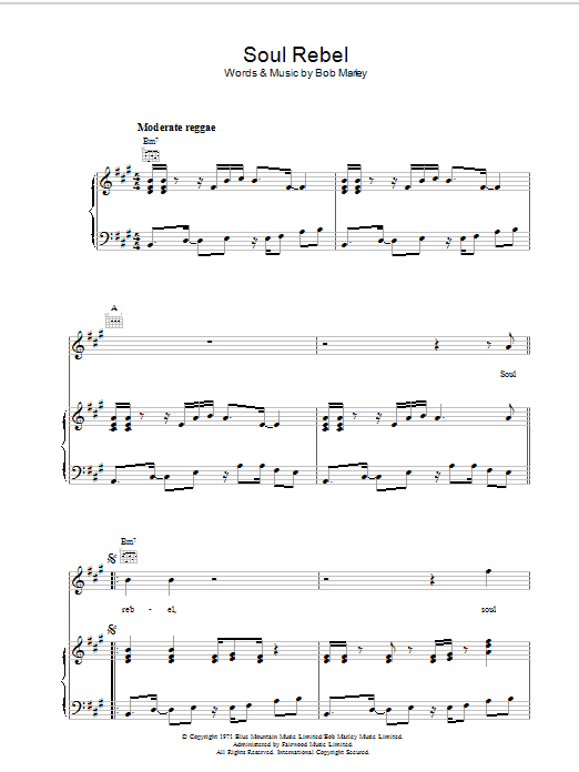 Bob Marley Soul Rebel Sheet Music Notes & Chords for Piano, Vocal & Guitar (Right-Hand Melody) - Download or Print PDF