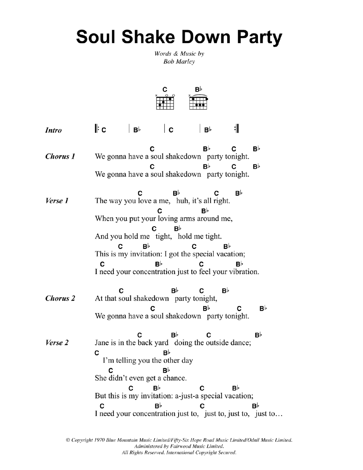 Bob Marley Soul Shakedown Party Sheet Music Notes & Chords for Lyrics & Chords - Download or Print PDF