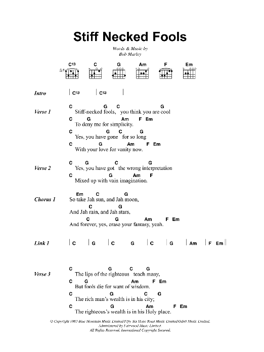 Bob Marley Stiff Necked Fools Sheet Music Notes & Chords for Lyrics & Chords - Download or Print PDF