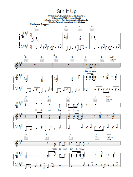 Bob Marley Stir It Up Sheet Music Notes & Chords for Piano, Vocal & Guitar (Right-Hand Melody) - Download or Print PDF