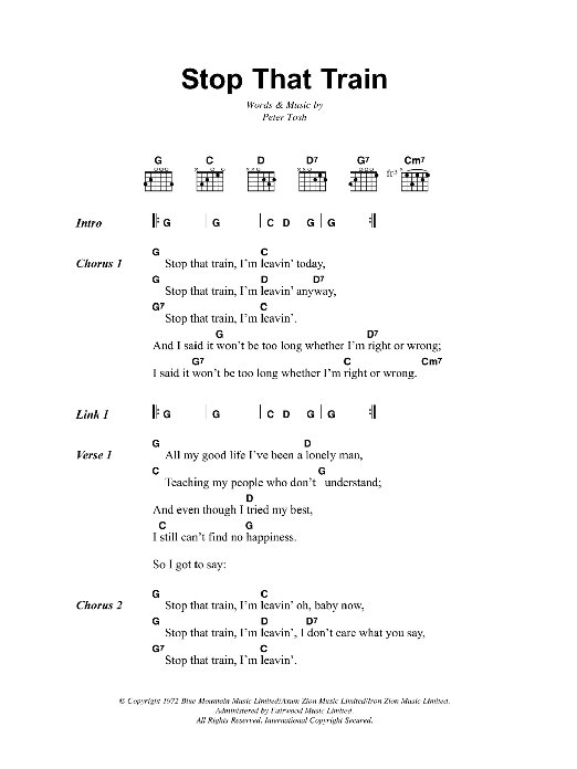 Bob Marley Stop That Train Sheet Music Notes & Chords for Lyrics & Chords - Download or Print PDF
