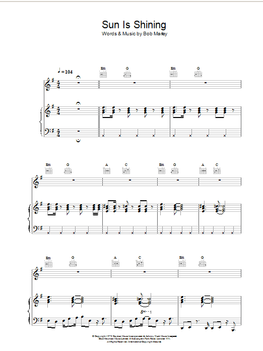 Bob Marley Sun Is Shining Sheet Music Notes & Chords for Piano, Vocal & Guitar (Right-Hand Melody) - Download or Print PDF