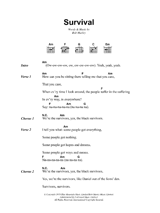 Bob Marley Survival Sheet Music Notes & Chords for Lyrics & Chords - Download or Print PDF