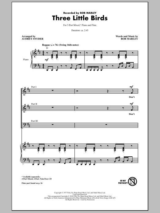 Bob Marley Three Little Birds (arr. Audrey Snyder) Sheet Music Notes & Chords for 3-Part Mixed - Download or Print PDF