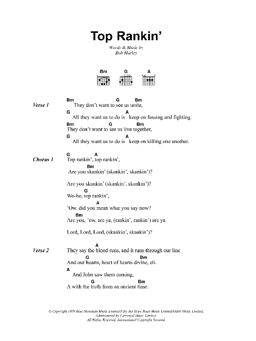 Bob Marley Top Rankin' Sheet Music Notes & Chords for Lyrics & Chords - Download or Print PDF