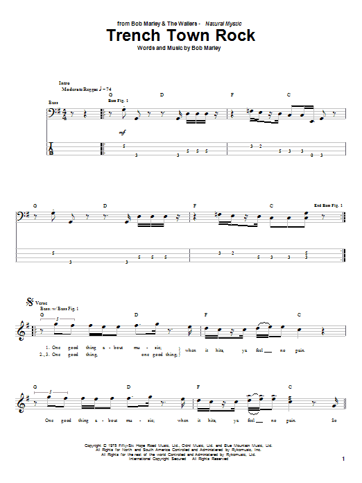 Bob Marley Trench Town Rock Sheet Music Notes & Chords for Bass Guitar Tab - Download or Print PDF