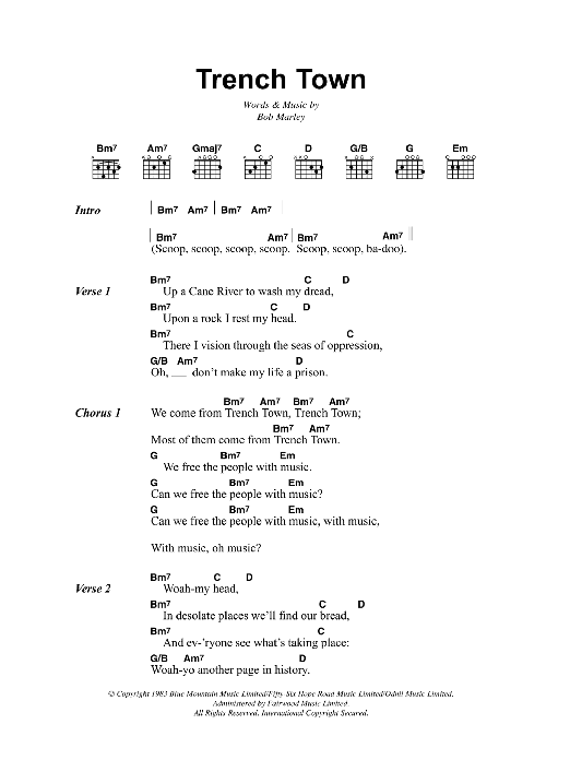 Bob Marley Trench Town Sheet Music Notes & Chords for Lyrics & Chords - Download or Print PDF