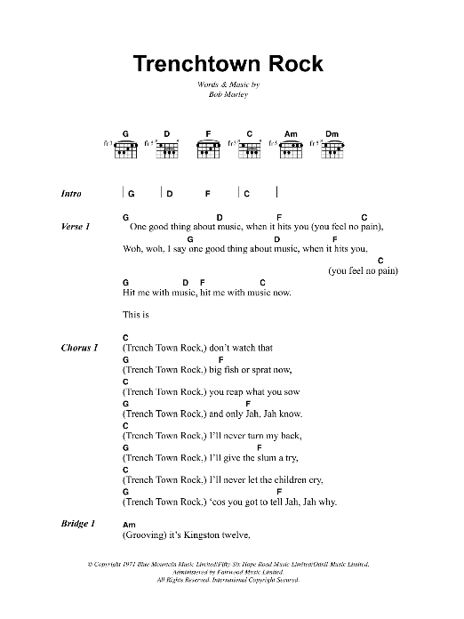 Bob Marley Trenchtown Rock Sheet Music Notes & Chords for Lyrics & Chords - Download or Print PDF