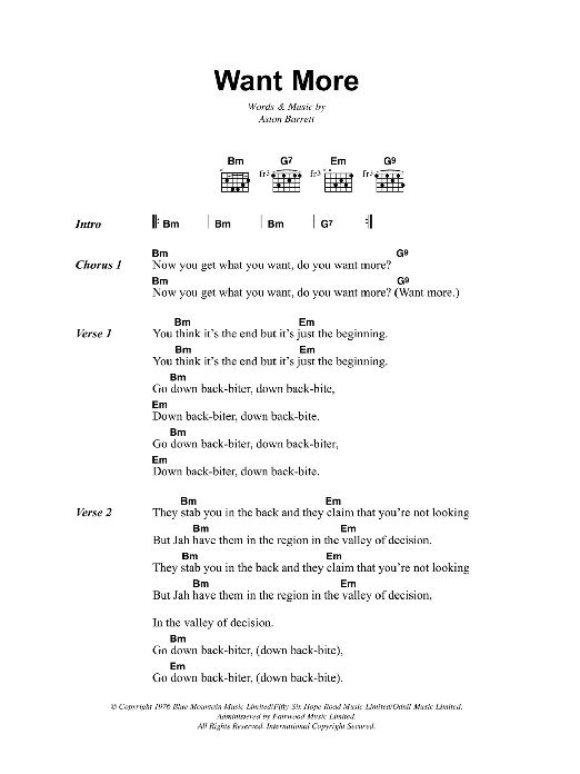 Bob Marley Want More Sheet Music Notes & Chords for Lyrics & Chords - Download or Print PDF